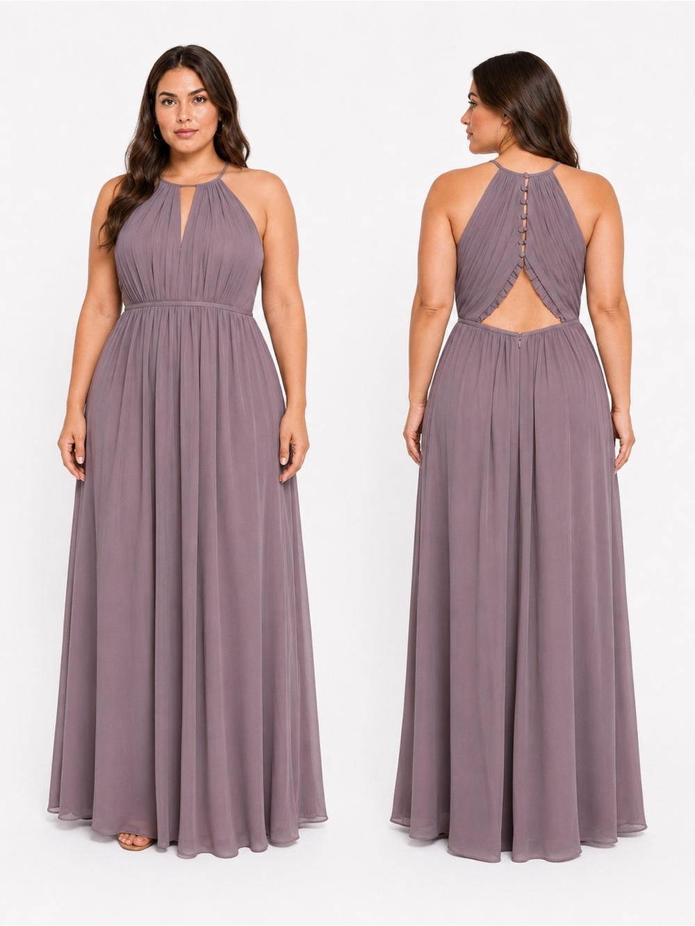 Azazie Maxi Dress Halter Neck Chiffon Purple Keyhole Back Buttons XL A14 NWT